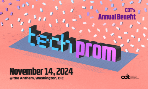 CDT's Tech Prom on November 14, 2024 at The Anthem in Washington, D.C. Big block letters (blue and purple) being showered in confetti.
