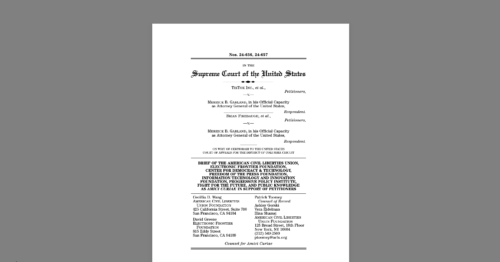 CDT Joins Amicus Brief as the Supreme Court Prepare to Review the Federal TikTok Ban. White document on a grey background.