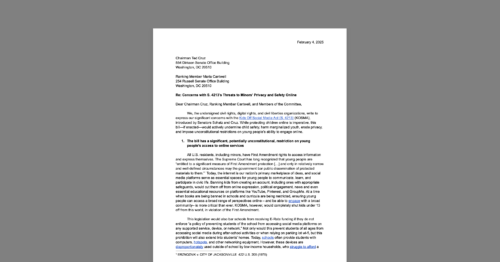 Banning Kids from Social Media Remains a Bad and Unconstitutional Idea. White document on a grey background.