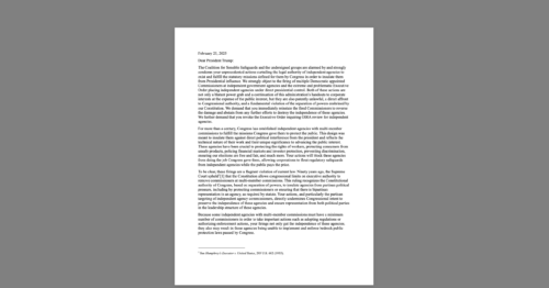CDT Joins CSS in Condemning White House Actions Undercutting Independent Agencies. White document on a grey background.