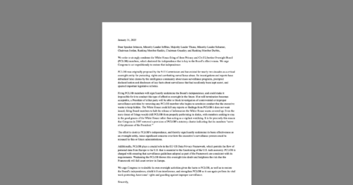 CDT Leads Coalition Letter Condemning PCLOB Firings. White document on a grey background.