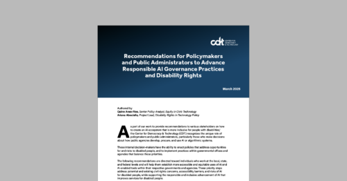 Recommendations for Policymakers and Public Administrators to Advance Responsible AI Governance Practices and Disability Rights. White document on a grey background.