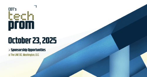 Event graphic for CDT's 2025 Annual Benefit, Tech Prom. Abstract gradients of dark blue, and dark blue and gold text.