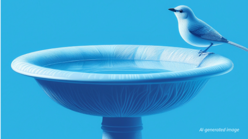AI-generated image of a bird in a bird bath.
