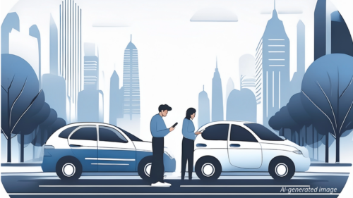 AI-generated image of people waiting outside of a car on their cellphone.
