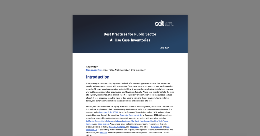 Best Practices for Public Sector AI Use Case Inventories. White document on grey background.
