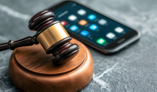 A gavel on a wooden block next to a smartphone on a marble surface.
