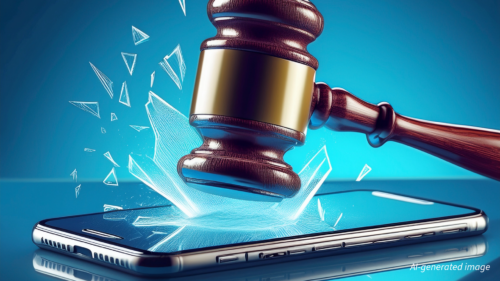 AI-generated image of a gavel smashing an i-phone.