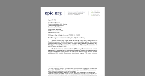 CDT Opposes FTC Re-opening SpyFone Order. White document on a grey background.