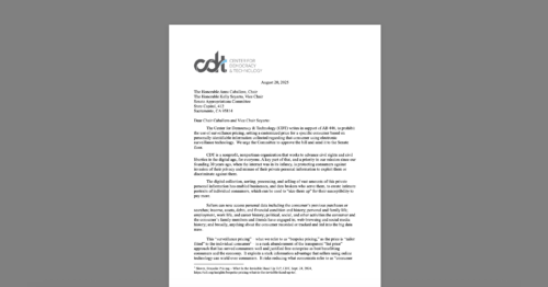 CDT Sents Letter to California Senate in Support of AB 446, to Prohibit Surveillance Pricing. White document on a grey background.