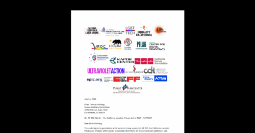 CDT Signs Letter Supporting the California Location Privacy Act of 2025 (CA AB 322). White document on a black background.