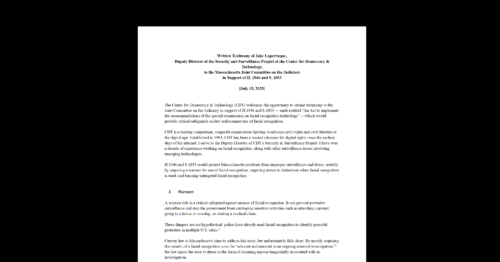 CDT's Jake Laperruque Advocates for Strong Safeguards on Law Enforcement's use of Facial Recognition Technology. White document on a black background.