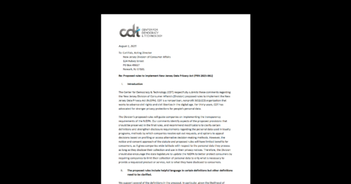 Comments to NJ Offer Recommendations on Proposed Rules, But Further Legislative Guardrails Needed to Protect Privacy. White document on a black background.