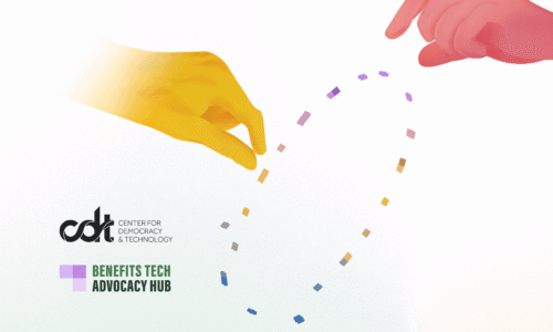 Illustration of a red-hued hand and a yellow-hued one‭, ‬reaching into a circle of data bits of varying bright colors‭.‬