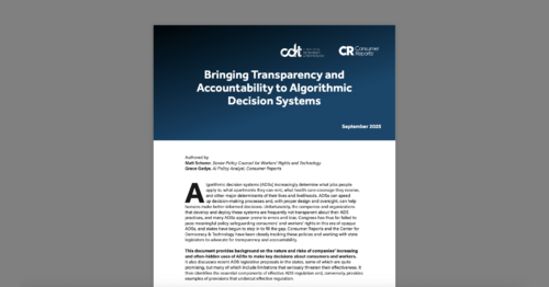 Bringing Transparency and Accountability to Algorithmic Decision Systems. White and blue document on a grey background.