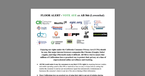 CDT Joins Letter Urging Gov. Newsom to Sign the California Opt Me Out Act (AB 556). White document on a grey background.