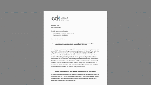 Comments to the U.S. Department of Education on Grantmaking Priorities in Advancing Artificial Intelligence in Education. White document on a grey background.