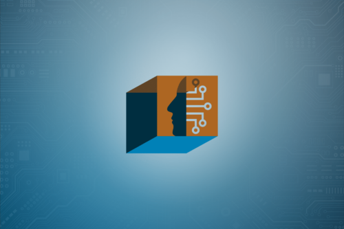 Stylized human profile within a cube with circuit patterns on a blue background.