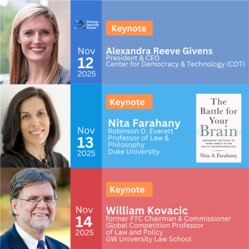 Portraits and details of keynote speakers for Nov 12-14, 2025, at the Privacy + Security Forum.