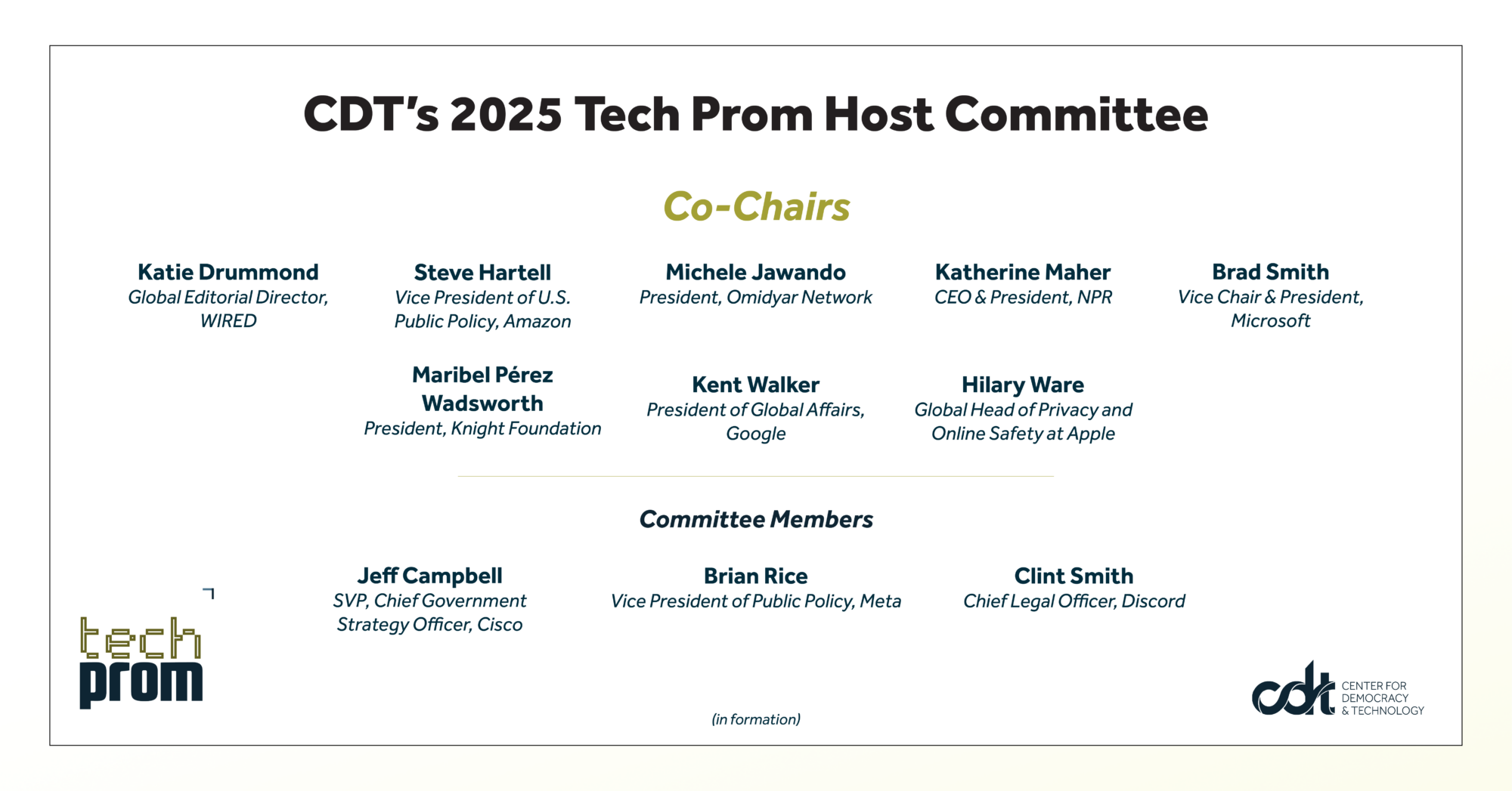 Graphic with the names of CDT's 2025 Tech Prom Host Committee. Various names listed in dark blue text, in a gold box.