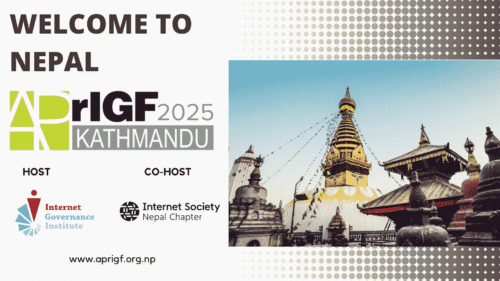 APRIGF 2025 Kathmandu promotional poster featuring event logo, hosts, and Swayambhunath Stupa image