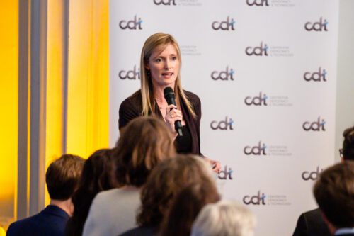CDT CEO Alexandra Reeve Givens giving remarks at 2025 Tech Prom.