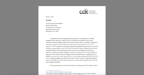Letter to U.S. Department of Education Regarding Responsible Integration of AI in K-12 Education. White document on a grey background.