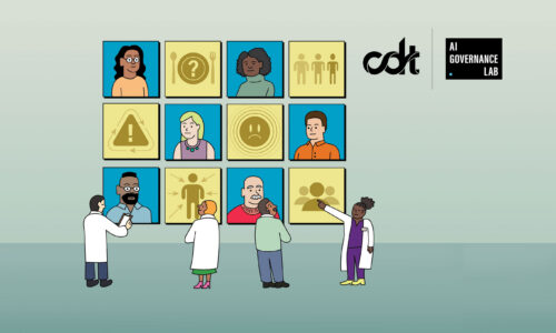 Illustration of an array of panels alternating between people and iconography relating to the taxonomy of generative AI risks for eating disorders‭; ‬near the bottom there are four clinicians interacting and looking at the panels.