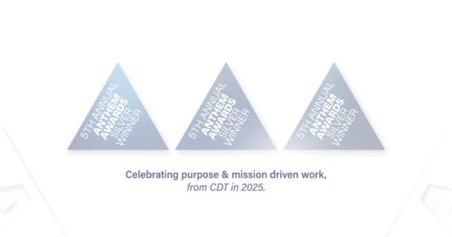 Graphic for announcing CDT as the winner of three new Silver Anthem Awards. Silver text: 