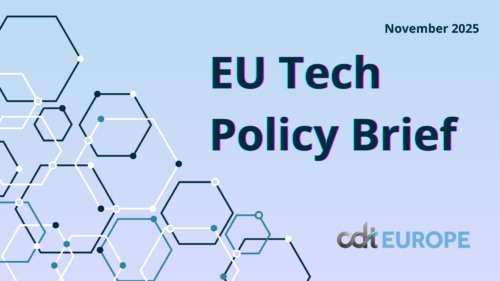 EU Tech Policy Brief, with CDT Europe logo in the bottom right corner, November 2025 in the upper right corner, and interlinked hexagons on the left side