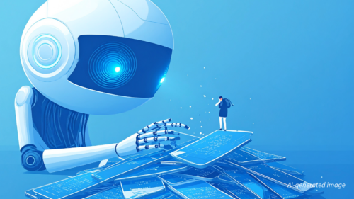 AI-generated image of a large robot agent looking down at a pile of smart phones with a small man standing on top.