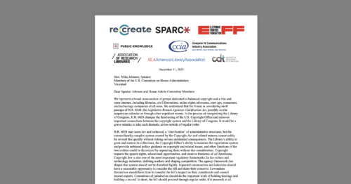 CDT Joins Letter Urging Caution on Separating the Copyright Office from the Librarian of Congress. White document on grey background.