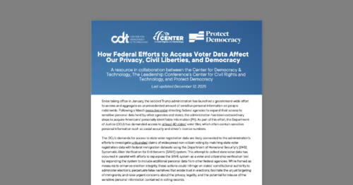 CDT, the Leadership Conference, and Protect Democracy Release New Analysis of Federal Efforts to Access Voter Data. White and blue document on a grey background.