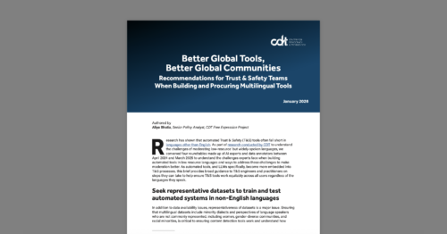Better Global Tools, Better Global Communities: Recommendations for Trust & Safety Teams When Building and Procuring Multilingual Tools. Screenshot of a white and blue document with grey background.
