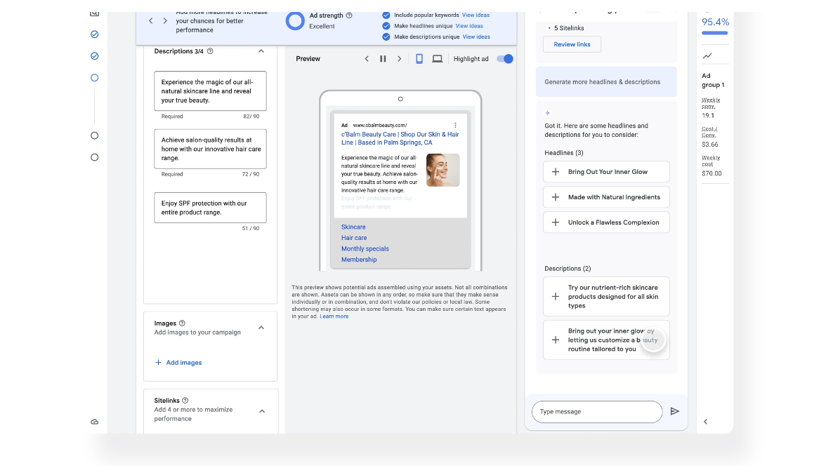 Screenshot of Gemini-powered conversational features in Google Ads tools.
