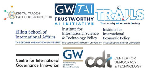 Assortment of logos and text for technology and international affairs organizations.