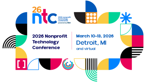 Promotional image for the 2026 Nonprofit Technology Conference with colorful geometric border and event details.