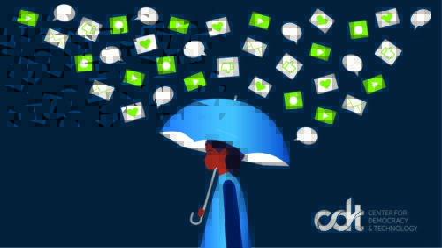 Image of icons raining down on the girl carrying an umbrella.