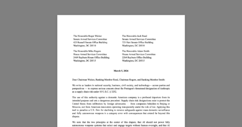 Defense and AI Leaders on Pentagon’s Attack on Anthropic. White document on grey background.