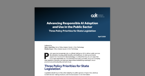 Advancing Responsible AI Adoption and Use in the Public Sector: Three Policy Priorities for State Legislation. White document on a grey background.