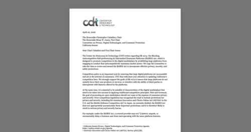 CDT Letter to California Senate Committee Highlights Need for Effective Privacy Protections in Pro-competition BASED Act. White document on a grey background.