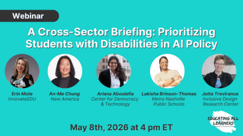 Webinar banner on AI policy for students with disabilities, featuring event details and speaker photos.