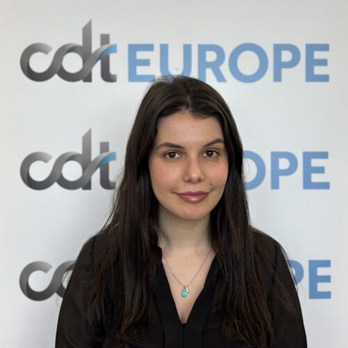 Lisa Beatrice Ferrari standing in front of the CDT Europe logo banner