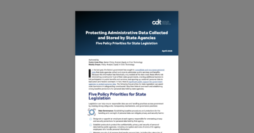 Protecting Administrative Data Collected and Stored by State Agencies: Five Policy Priorities for State Legislation. White document on a grey background.
