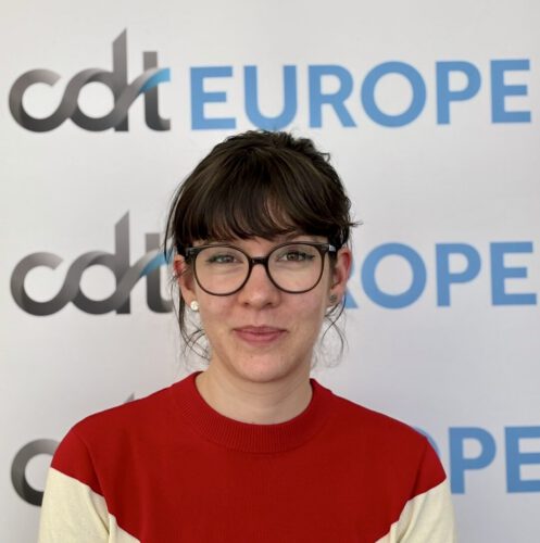 Marie Seck in front of the CDT Europe logo banner