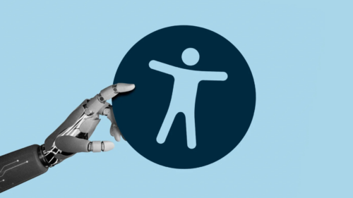 A robotic hand reaching towards a blue circle with an accessibility symbol inside.