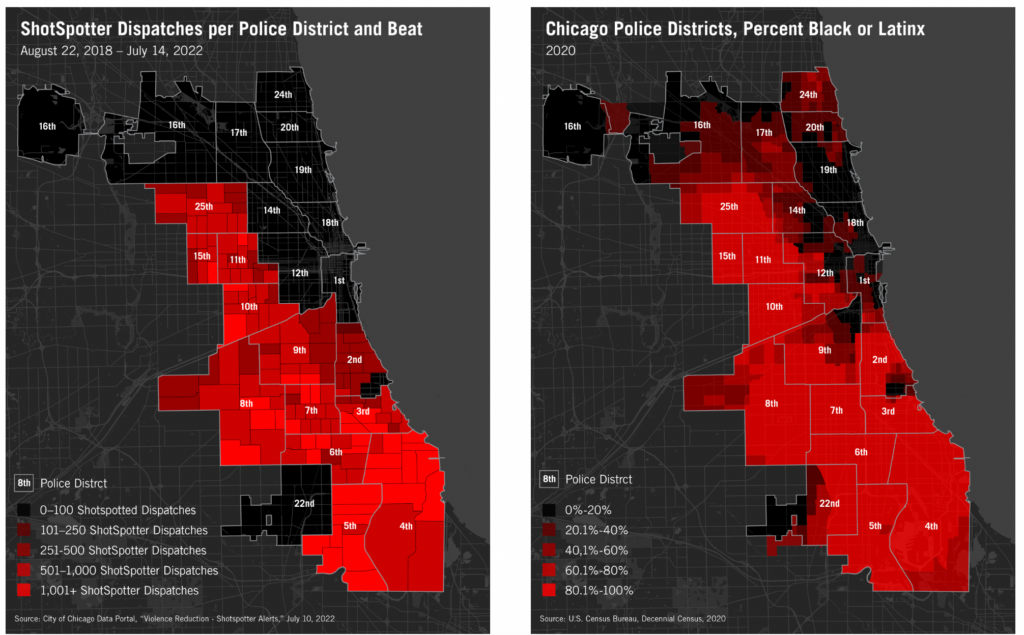 Side by side precinct maps of Chicago showing the highest concentration of Shotspotter dispatches in the neighborhoods that have the highest concentration of Black or Latinx residents.