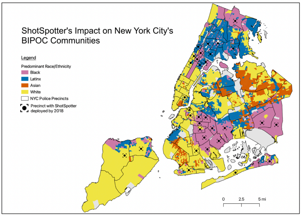 Map of New York City showing majority demographics in each precinct, with an overlay of ShotSpotter deployments.