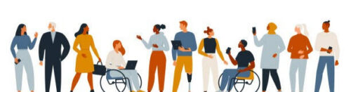A diverse group of people, including individuals in wheelchairs and with a prosthetic leg, standing together with electronic devices.