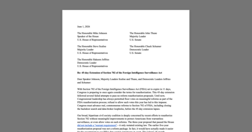 CDT Joins Broad Coalition In Calling for FISA Reforms. White document on grey background.